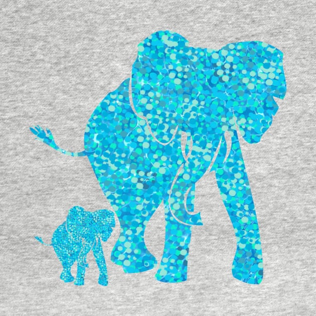 Beautiful Aqua Blue Mother and Baby Elephant. A cute Mother and Baby elephant design in an aqua blue speckled pattern. Includes light and dark shades of aqua, aquamarine and turquoise blue. by innerspectrum